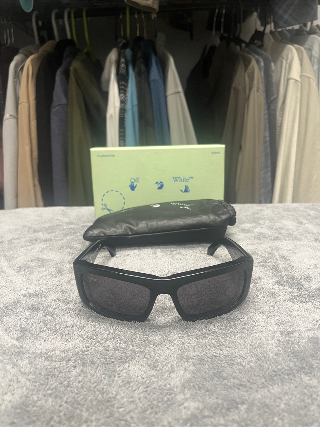Off-White Black Rectangular Sunglasses With Black Soft Pouch And Original Box